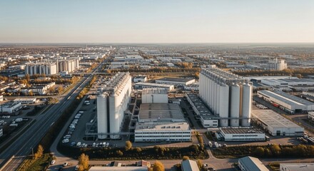 Fototapeta premium Expansive Industrial Manufacturing Complex with Tall Silos and Warehouses Under Clear Sky