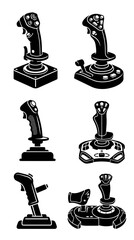 Collection of Six Black Video Game Joysticks and Flight Sim Controllers Silhouette © amelia