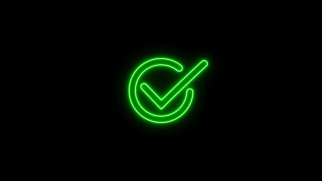 Neon green check mark animation, glowing circle tick symbol for ui and success concept