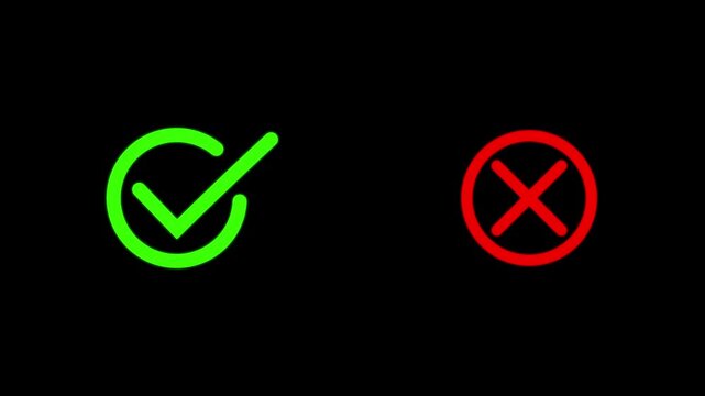 Animated green check mark and red x cross symbols for ui and feedback tick