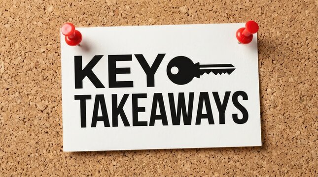 White paper note displaying key takeaways text with a black key icon pinned to corkboard