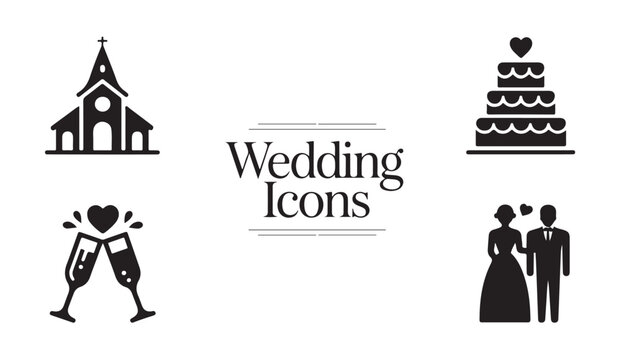 Wedding icons collection featuring church chapel champagne glasses cake and bridal couple.