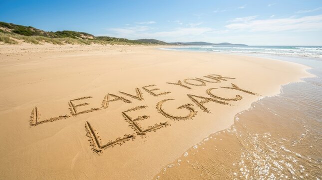 Motivational text leave your legacy written in the golden sand on a sunny ocean beach shoreline