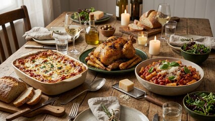 Obraz premium Delicious italian feast with roasted chicken and pasta on wooden table