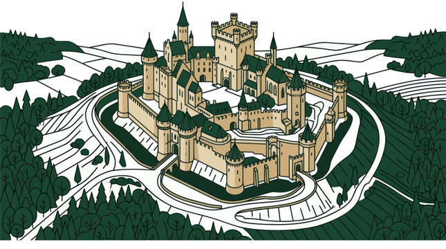 Medieval Castle Fortress on Hilltop Surrounded by Greenery and Fields - Illustration