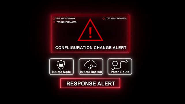 Digital configuration change alert interface with glowing red warning symbol, system security notification, data backup command, and network routing patch options for advanced cybersecurity