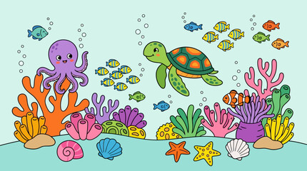 Obraz premium Cute cartoon underwater sea life with octopus turtle and coral reef