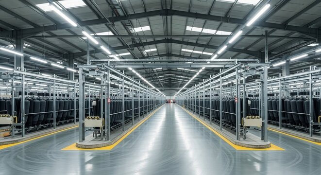 Expansive interior of a modern, well-lit industrial textile factory with rows of shelving and production equipment
