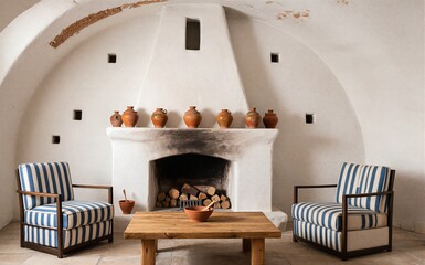 Obraz premium Cozy rustic room with striped chairs, stone fireplace and terracotta pots.