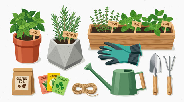 Gardening equipment set featuring potted aromatic herbs organic soil and planting tools