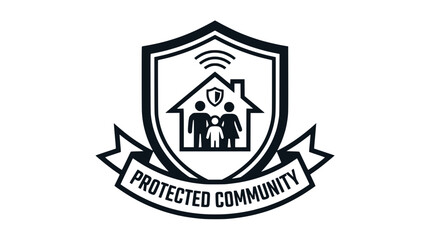 Fototapeta premium Protected Community Shield with Family and House Icon, Security and Safety Concept