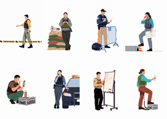 Police and Tactical Security Personnel Illustration Set Featuring Officers in Diverse Duty Scenarios, Training, Briefing, and Site Management on White Background © Neem