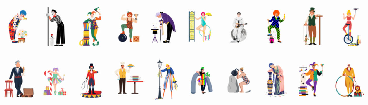 Large Collection of Circus and Variety Show Performers including Clowns, Magicians, and Acrobats in Flat Vector Style Isolated on White