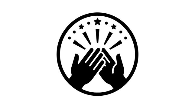Applause icon, hands clapping with stars and rays, symbol of appreciation and recognition