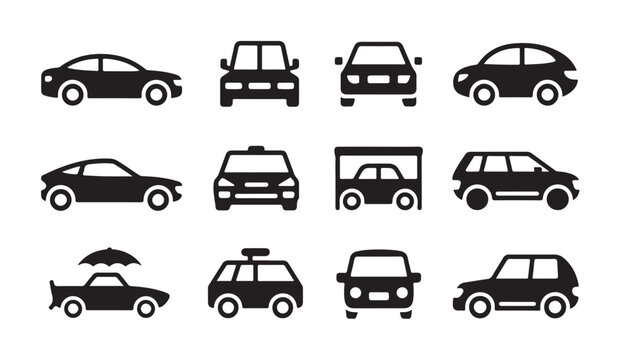 Set of modern car icons including different vehicle body types and automotive silhouette.