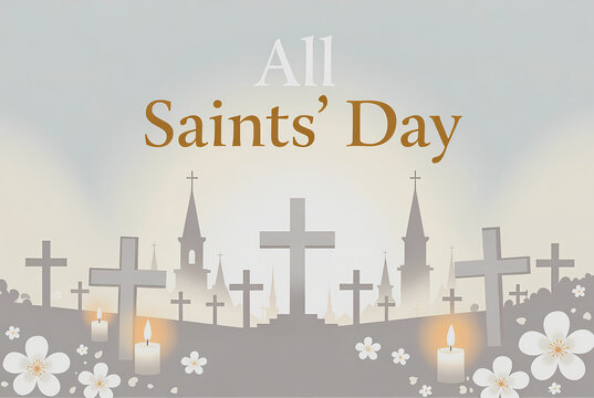 A solemn tribute to 'All Saints' Day' features gravestones, churches, and lit candles.