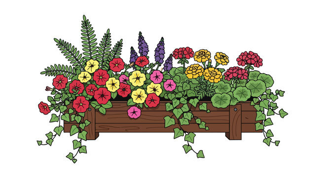 Beautiful Wooden Window Box Planter with Colorful Spring Flowers Red Yellow Petunias and Green Ivy Leaves