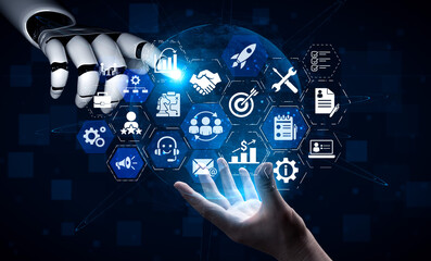 Fototapeta premium AI CRM platforms analyze customer data, predict needs, automate communication, and strengthen relationships for improved loyalty and growth. Entice