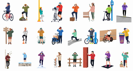 Fototapeta premium Diverse collection of people in active outdoor gear, including cyclists and hikers, wearing helmets and sportswear, illustrated in a flat vector style.