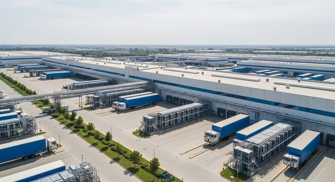 Expansive modern logistics and distribution warehouse complex with multiple loading docks and trucks