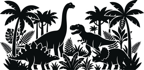 Silhouette Illustration of Dinosaurs in Prehistoric Jungle Scene © MD