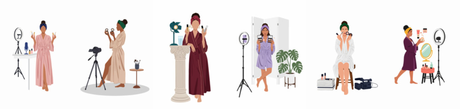 Collection of diverse women beauty influencers recording makeup tutorials and product reviews using professional camera equipment and ring lights on white background.