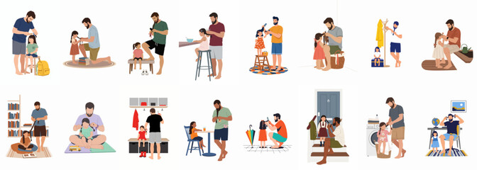 Fototapeta premium Flat Vector Illustrations of Fathers Styling Their Daughters' Hair in Various Daily Situations