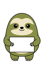 Fototapeta premium Cute cartoon sloth holding a blank rectangular sign isolated on a white background minimalist character design