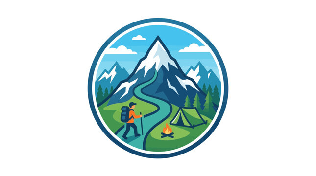 Circular badge featuring hiker camping in mountain wilderness