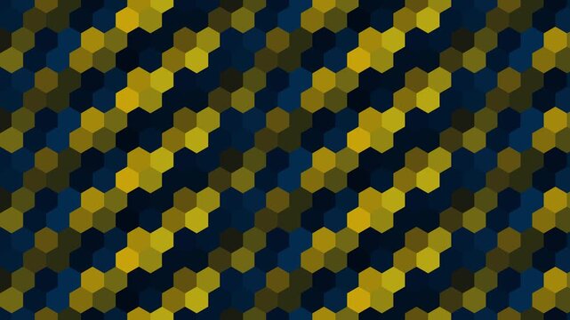 Abstract hexagon pattern motion background, geometric blue and gold honeycomb animation, seamless digital technology loop