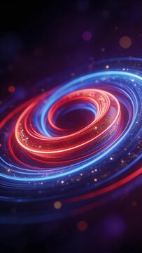 Abstract cosmic swirl with glowing red and blue rings against a dark starry background