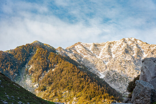 Aerial view of the rugged Himalayan mountain range with snow-capped peaks and dense pine forests under a bright blue sky in Gopeshwar, Uttarakhand, India.