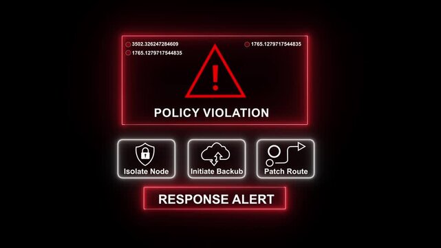 Cybersecurity policy violation warning interface with red neon alert digital system security breach notification, data protection failure notification, and emergency network response hud overlay