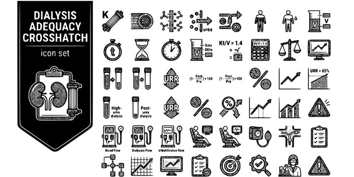 Dialysis Adequacy Crosshatch Black White-KtV Urea Reduction Dose Monitor-Assessment Vector-Adequacy Icon Crosshatch-Nephrology Design Set