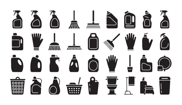Sanitary supplies and laundry equipment vector icons for domestic housekeeping services.