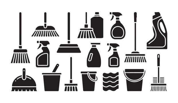 Floor cleaning tools and household maintenance icons set with buckets and sweeping brooms.