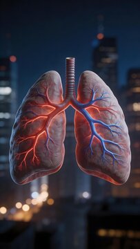 Human lungs with illuminated bronchial and vascular structures against a cityscape background