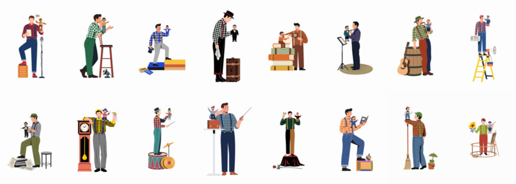 Flat vector illustration set of a male ventriloquist performer in various scenarios with his puppet, featuring storytelling, music, and performance themes.