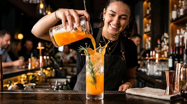 Smiling Bartender Pouring Orange Cocktail with Rosemary Garnish into Tall Glass at Busy Bar Counter - Craft Beverage Preparation
