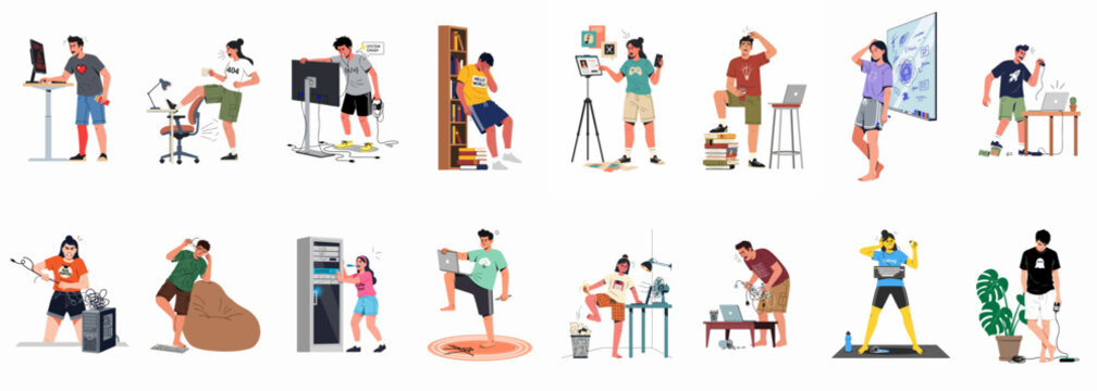 Set of diverse characters illustrating workplace frustration, including technical issues, software bugs, system crashes, and high stress levels in a flat vector style.