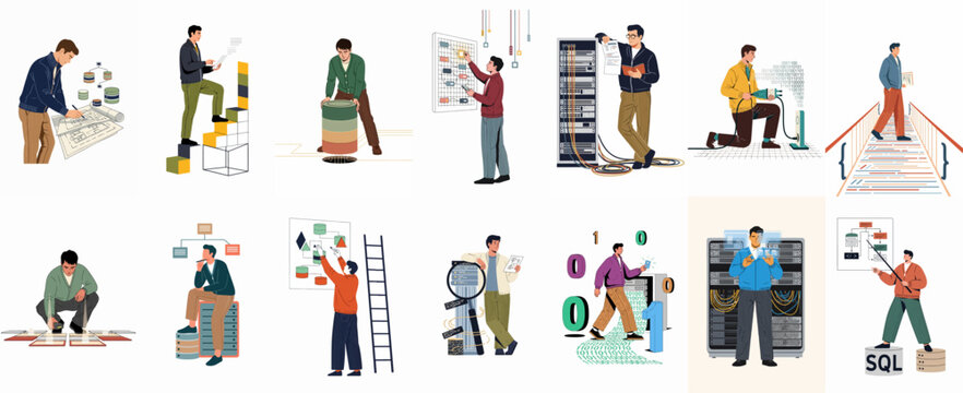 A comprehensive set of illustrations depicting IT professionals and data scientists engaged in various technical tasks like coding, database management, and system architecture.