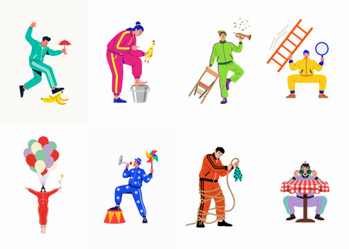 Set of quirky cartoon characters in vibrant tracksuits performing various absurd and humorous stunts, isolated on a clean white background.