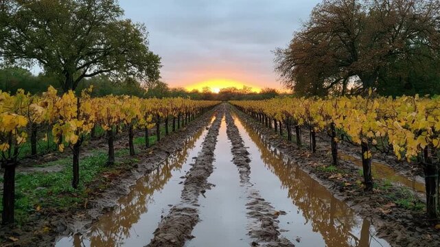 Sunset over vineyard with flooded muddy rows and autumn yellow leaves on grapevines between two large trees in rural landscape under cloudy sky