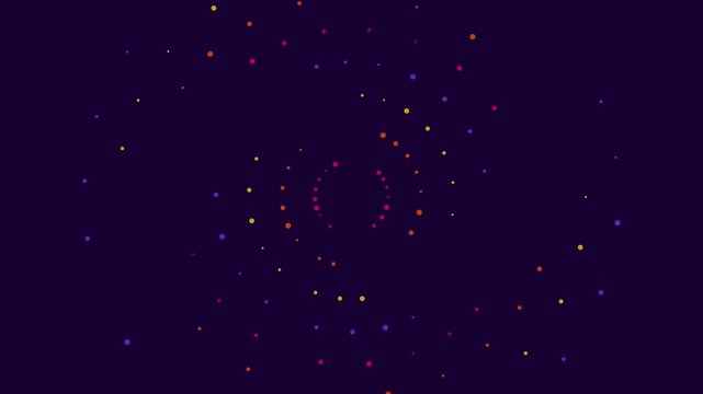 Abstract neon particle swirl motion background, colorful glowing digital vortex animation particles