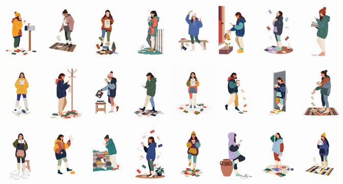 Flat Illustration Set of Young Women Receiving Letters, College Acceptance Notifications, and Mail Expressing Various Emotions in Winter Casual Outfits