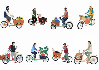 Naklejka premium Collection of illustrations of people riding various types of cargo bikes for purposes like shopping, deliveries, pet transport, and leisure.