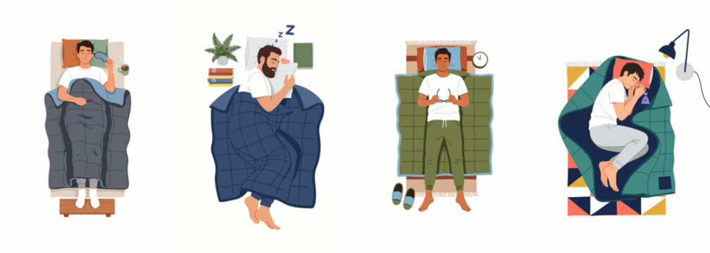 Set of illustrations depicting men sleeping in various comfortable positions on beds, featuring blankets, pillows, and different bedtime routines.