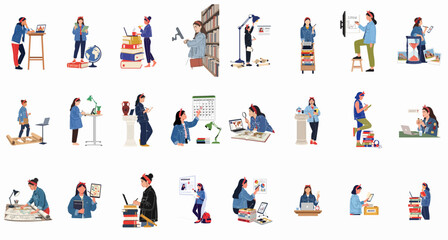 Fototapeta premium Flat illustrations of a young woman historian or student engaged in various educational, research, and historical study activities using modern technology and traditional tools.