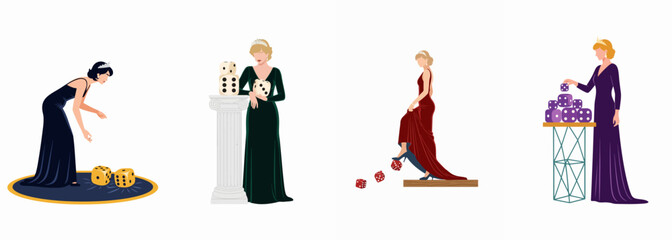 Set of flat vector illustrations of elegant women in glamorous evening gowns and tiaras interacting with oversized dice in various poses. © Neem