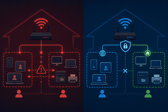 Illustration of a secure home network contrasted with an insecure one.